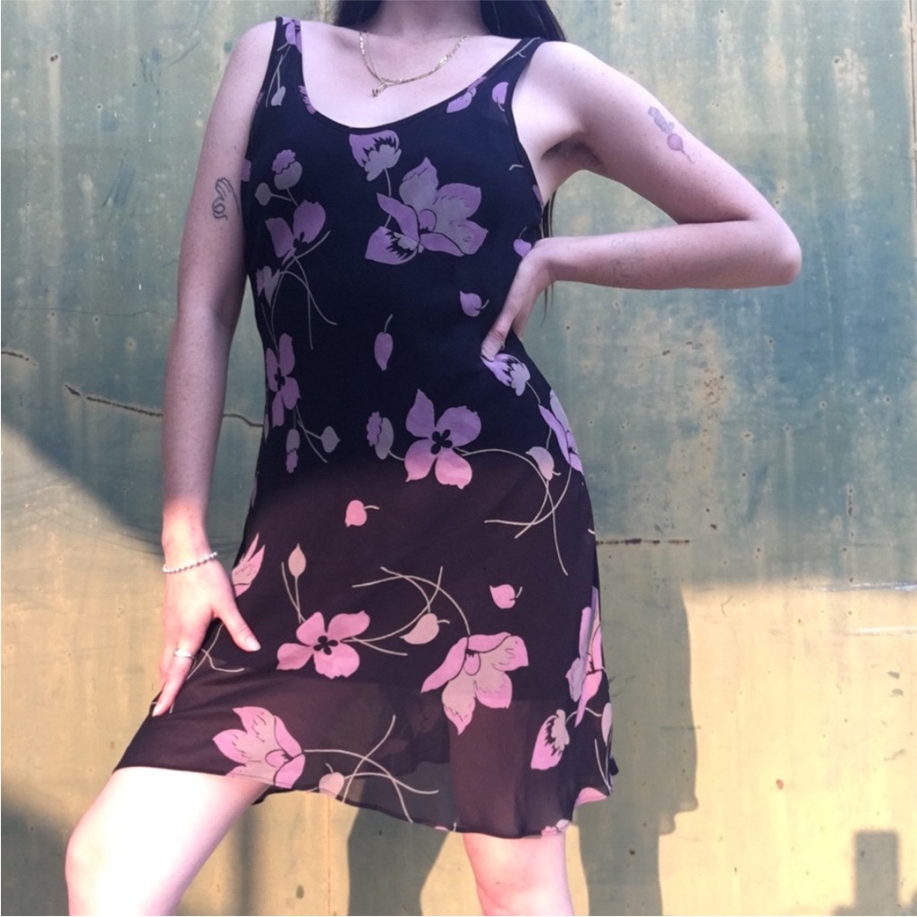 Vintage Boho Chic Y2k Betsey Johnson Black Sheer Floral Whimsigoth Tank Dress!